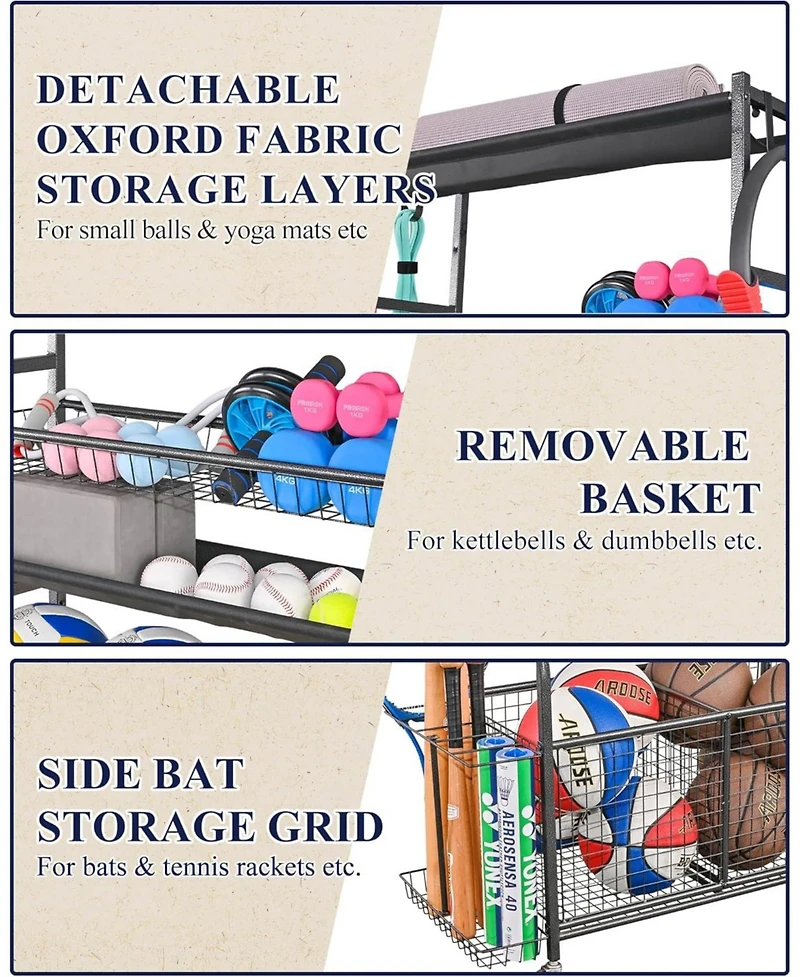 Mythinglogic Weight Capacity Sports Storage Garage Organizer for Balls Yoga Mats Multifunction Equipment Rack