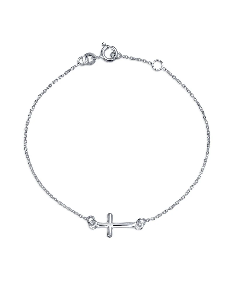 Bling Jewelry Religious Spiritual Minimalist Horizonal Tiny Sideways Cross Bracelets Communion Gift .925 Sterling Silver 7-8 Inch Adjustable