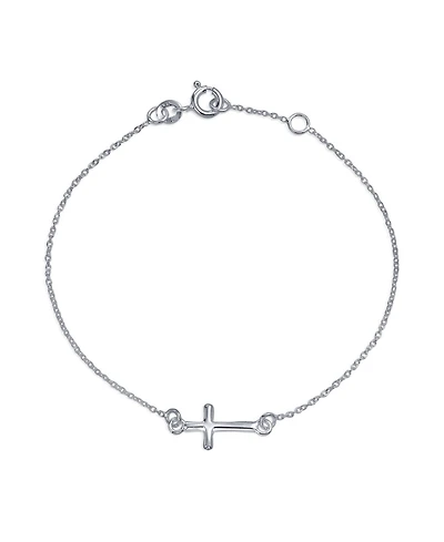 Bling Jewelry Religious Spiritual Minimalist Horizonal Tiny Sideways Cross Bracelets Communion Gift .925 Sterling Silver 7-8 Inch Adjustable