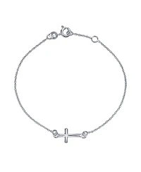 Bling Jewelry Religious Spiritual Minimalist Horizonal Tiny Sideways Cross Bracelets Communion Gift .925 Sterling Silver 7-8 Inch Adjustable