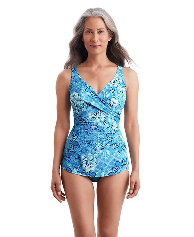 ShapeSolver by Mimi Flamingo Women's Barcelona Blues Crossover Sarong One Piece Swimsuit