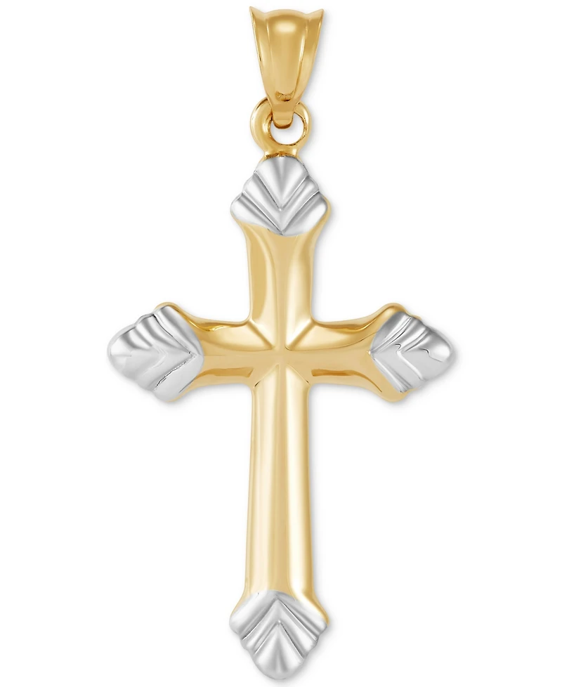 Polished Fleur de Lis Cross Pendant Necklace in 14k Two-Tone Gold