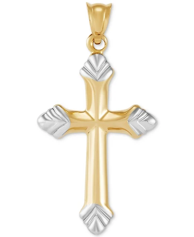 Polished Fleur de Lis Cross Pendant Necklace in 14k Two-Tone Gold