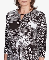 Alfred Dunner Women's Natural Instinct Monotone Patch Beaded Split Neck Top