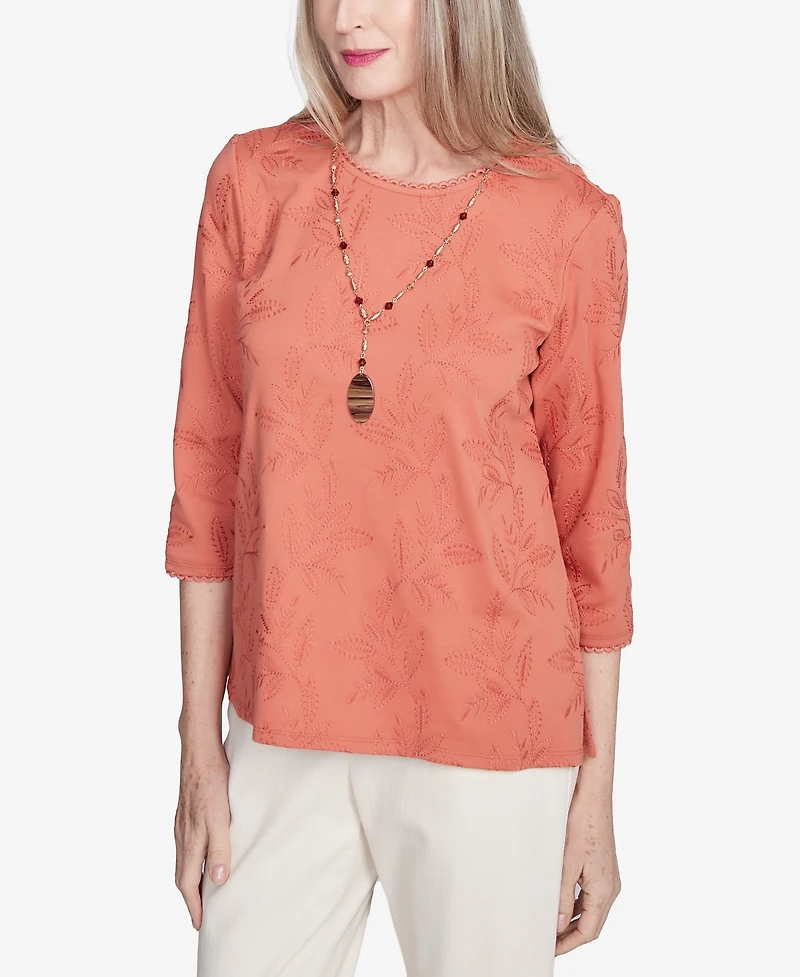 Alfred Dunner Women's Natural Instinct Solid Leaf Embroidered Crew Neck Top