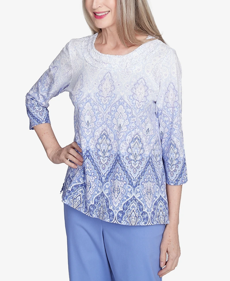 Alfred Dunner Women's Santa Fe Ombre Medallion Printed Crew Neck Top