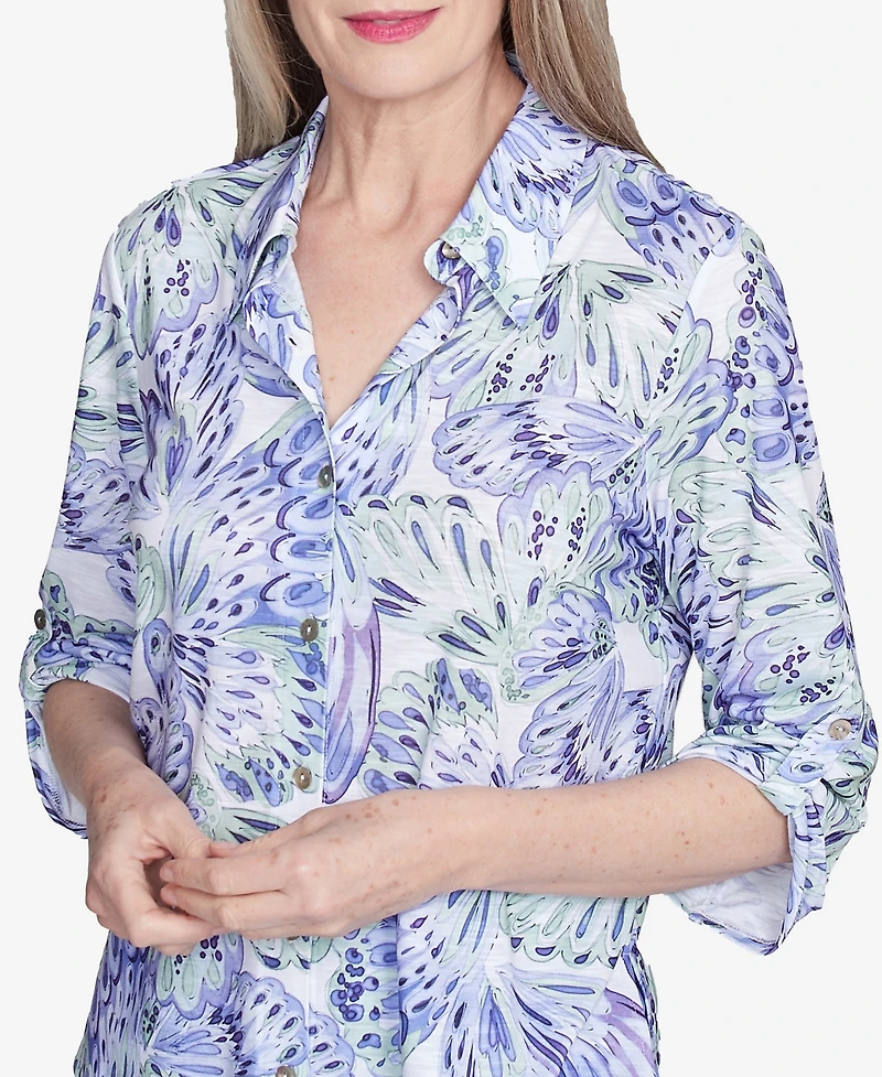 Alfred Dunner Women's Santa Fe Abstract Butterfly Button Front Top