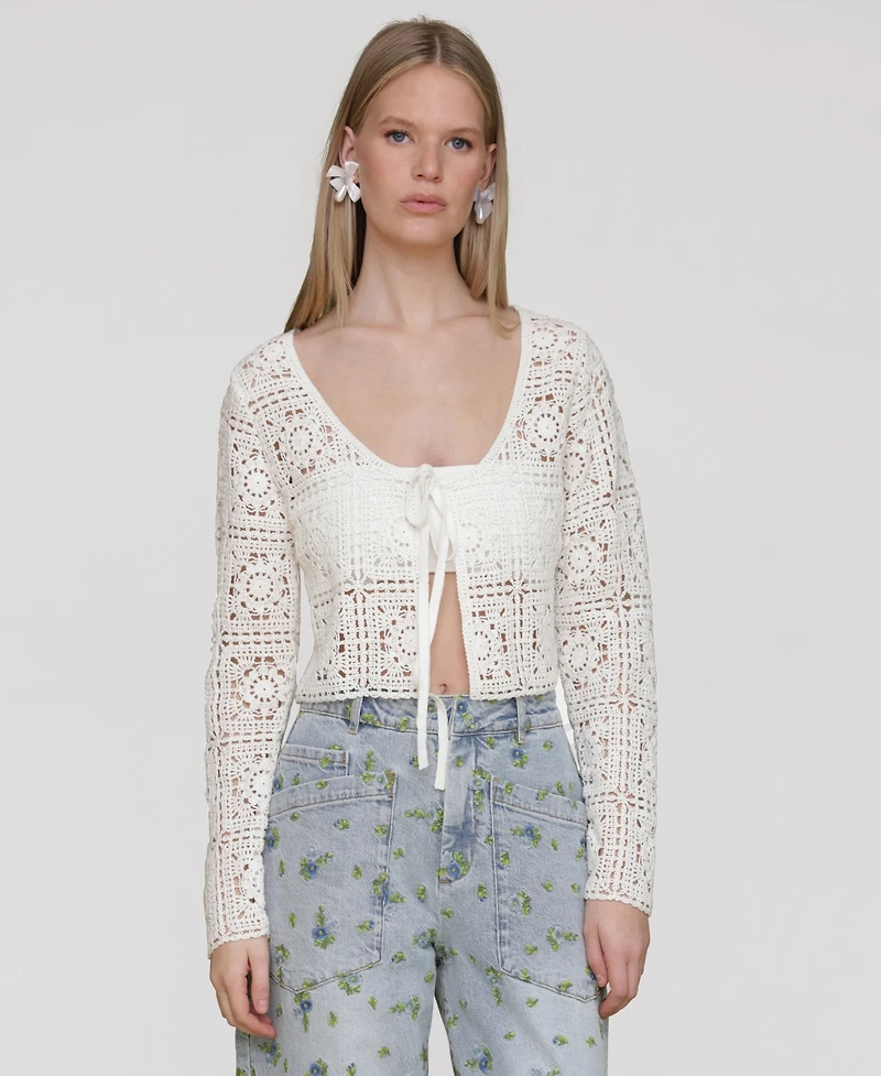 Avec Les Filles Women's Cotton Crochet Tie-Front Cardigan