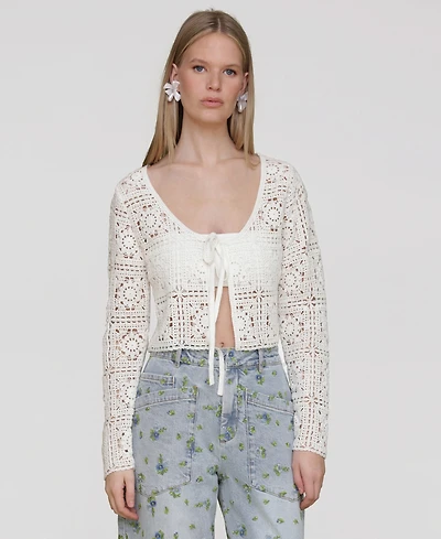 Avec Les Filles Women's Cotton Crochet Tie-Front Cardigan