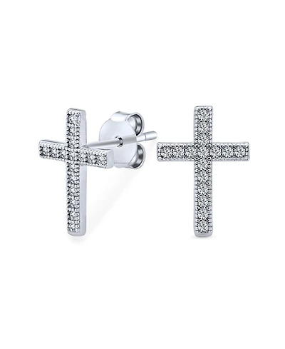 Bling Jewelry Traditional Religious Cz Stud Earrings, Micro Pave Cross, Sterling Silver Cubic Zirconia
