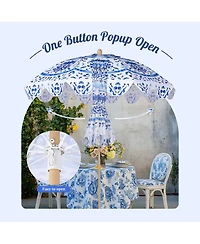 LAGarden Our Beach Portable Umbrella for Sand Beech Wood Pole Carry Bag with Printed Porcelain Love Cute Garden Parasol
