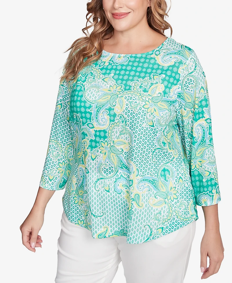 Ruby Rd. Plus Size Mixed Pattern Sublimation Knit Crew Neck Top