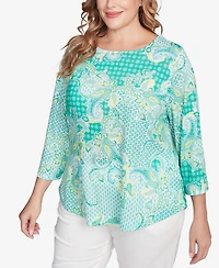 Ruby Rd. Plus Size Mixed Pattern Sublimation Knit Crew Neck Top