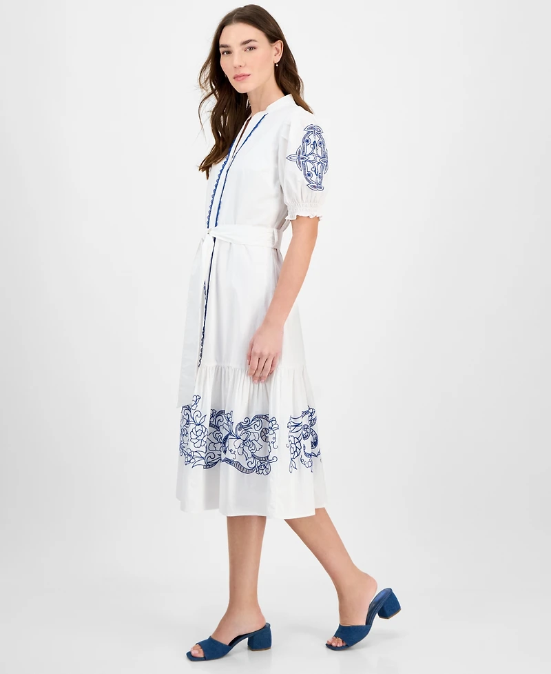 T Tahari Women's Cotton Embroidered Fit & Flare Dress