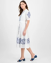 T Tahari Women's Cotton Embroidered Fit & Flare Dress