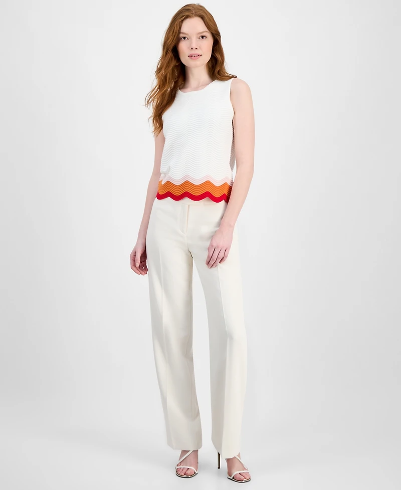 T Tahari Women's Crewneck Striped-Hem Sleeveless Sweater