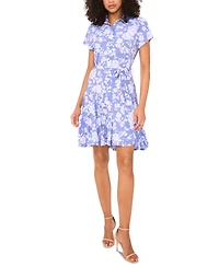 Msk Women's Floral-Print Short-Sleeve Belted Shirtdress