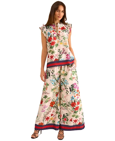 Vince Camuto Women's Satin Floral-Print Ruffled Sleeve Top