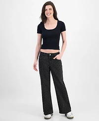 Juniors' Tonal Leopard-Print Wide-Leg Jeans