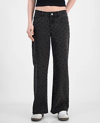 Juniors' Tonal Leopard-Print Wide-Leg Jeans
