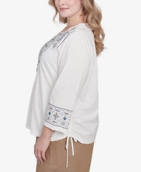 Alfred Dunner Plus Summer Solstice Linear Embroidered Tie Sleeve Top