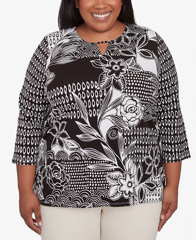 Alfred Dunner Plus Size Natural Instinct Monotone Patch Beaded Split Neck Top