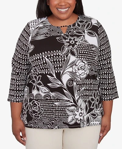 Alfred Dunner Plus Size Natural Instinct Monotone Patch Beaded Split Neck Top