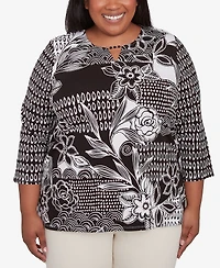 Alfred Dunner Plus Size Natural Instinct Monotone Patch Beaded Split Neck Top