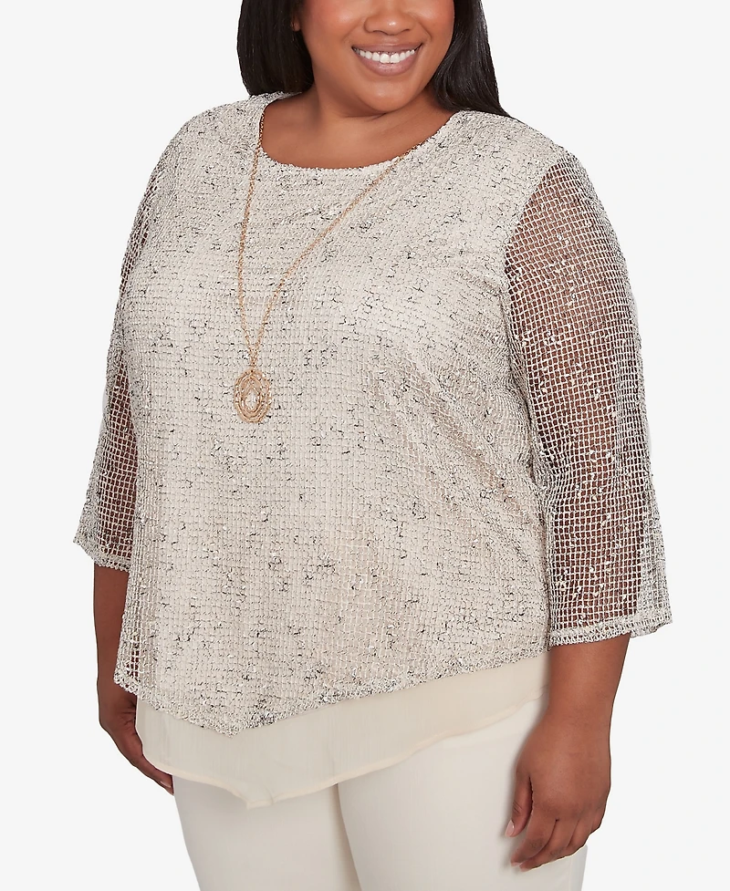 Alfred Dunner Plus Natural Instinct Popcorn Mesh Speckled Top with Necklace