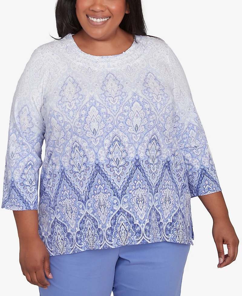 Alfred Dunner Plus Santa Fe Ombre Medallion Crew Neck Printed Top
