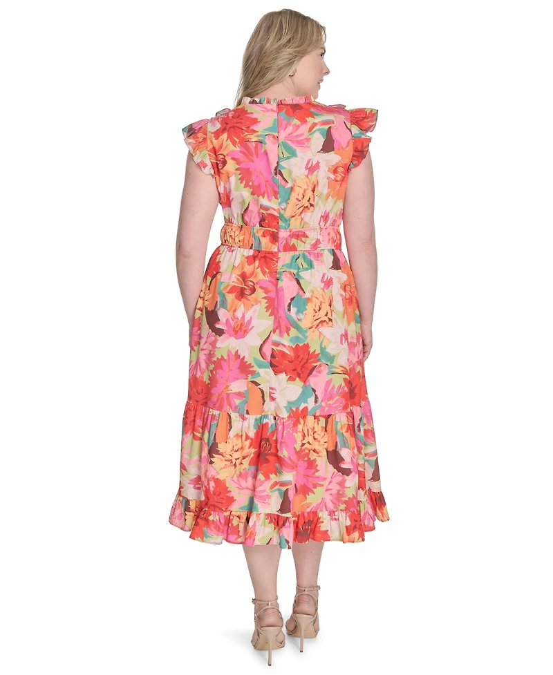 Vince Camuto Plus Printed Ruffle Flutter-Sleeve Tiered Midi Dress