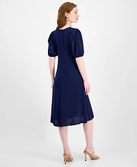 Connected Women's Puff-Sleeve Round-Neck Midi Dress