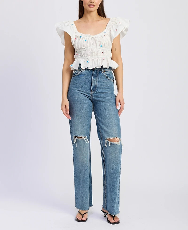 En Saison Women's Nellie Flutter-Sleeve Shirred Top