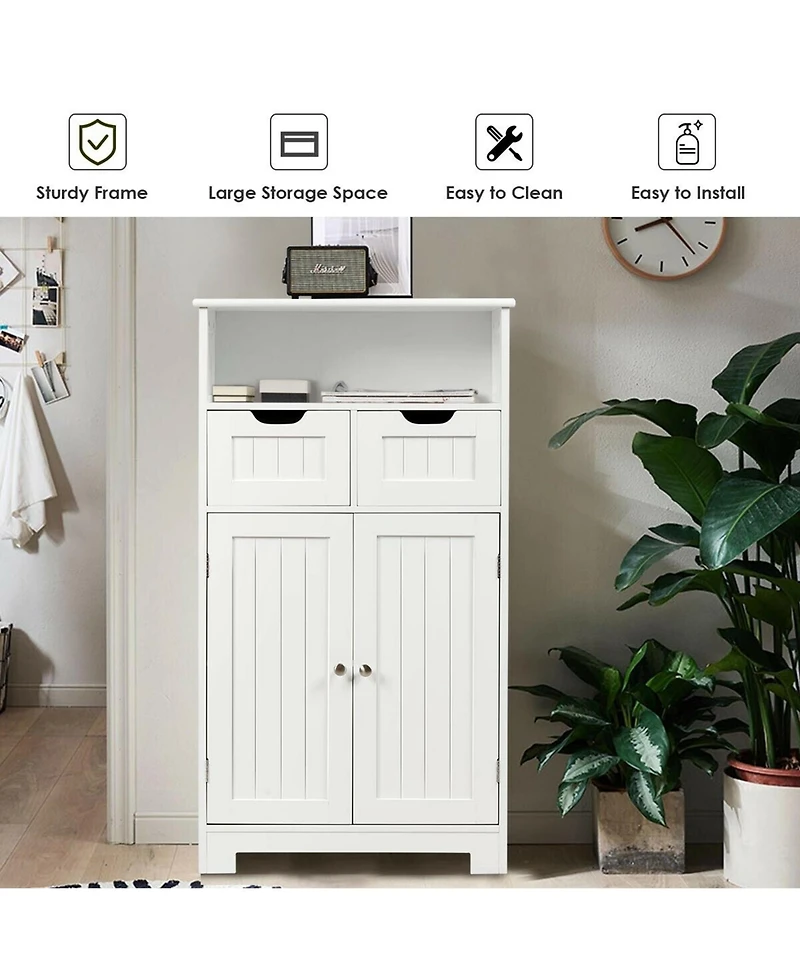 Gymax Bathroom Floor Cabinet Wooden Storage Organizer Side Cabinet W/2 Drawer 2 Doors