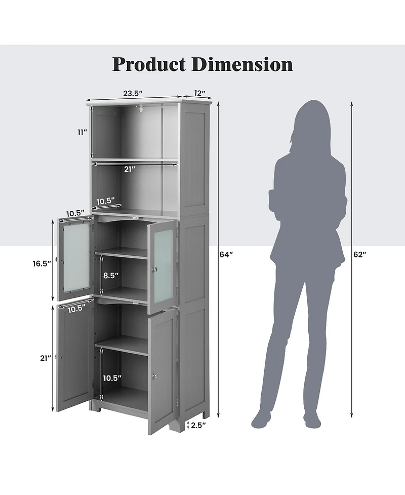 Gymax Bathroom Tall Storage Cabinet Linen Tower w/ Glass Door & Adjustable Shelf Grey