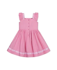 Hope & Henry Toddler Girls Pleated Flutter Sleeve Apron Dress with Embroidery