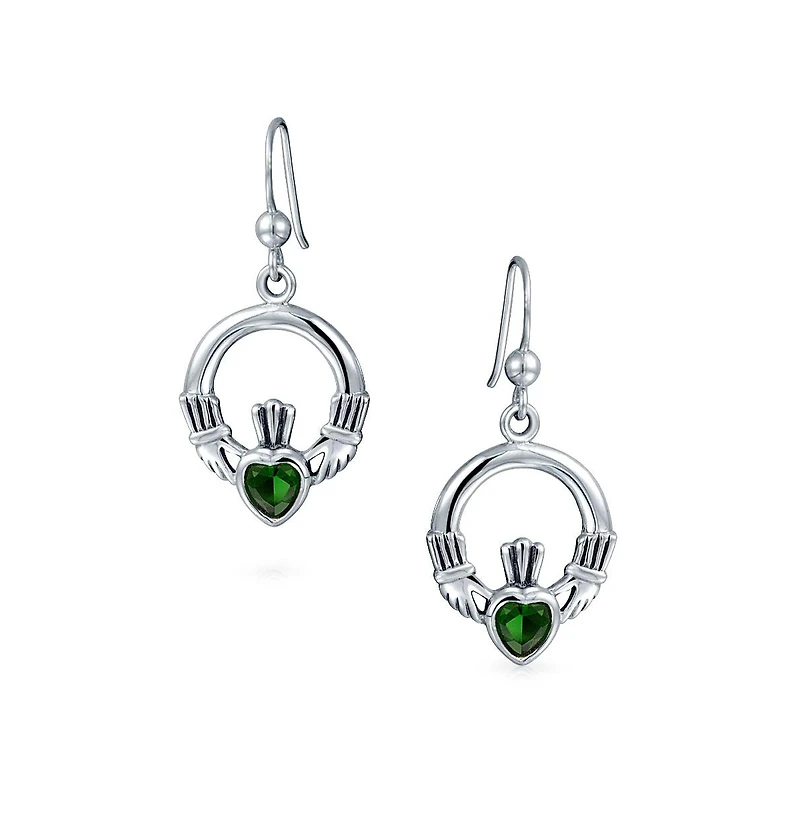 Bling Jewelry Friendship Bff Green Emerald Red Garnet Cz Heart Claddagh Dangle Chandelier Earrings
