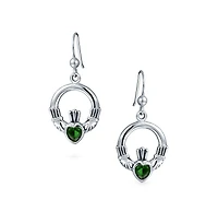 Bling Jewelry Friendship Bff Green Emerald Red Garnet Cz Heart Claddagh Dangle Chandelier Earrings