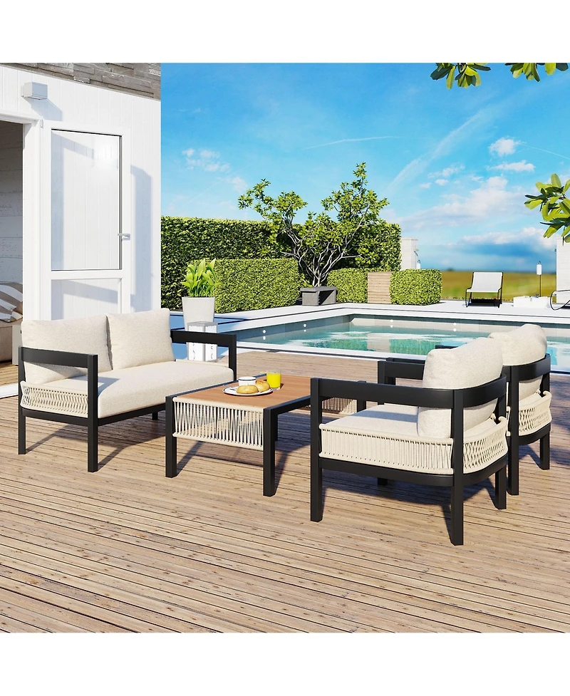 Mondawe Multi-person Outdoor Iron Sofa Set with A table, Rattan Decoration, Waterproof, Rust-proof