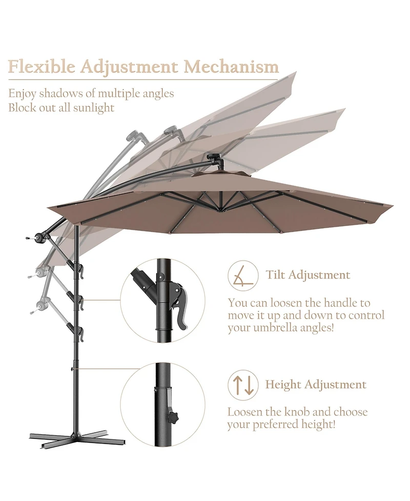 Gymax 10Ft Patio Solar Led Outdoor Offset Hanging Umbrella w/ 24