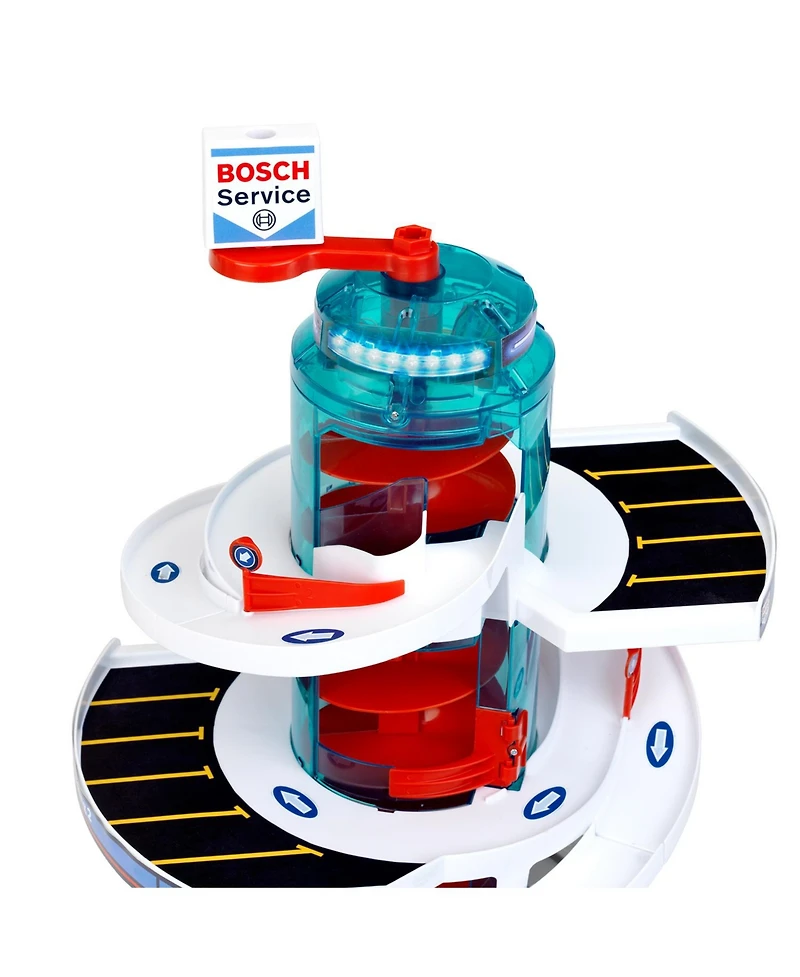 Theo Klein Bosch Car Service Helix Shaped Multi Story Parking Garage Pretend Playset Toy with 2 Toy Cars for Kids Aged 3 and Up