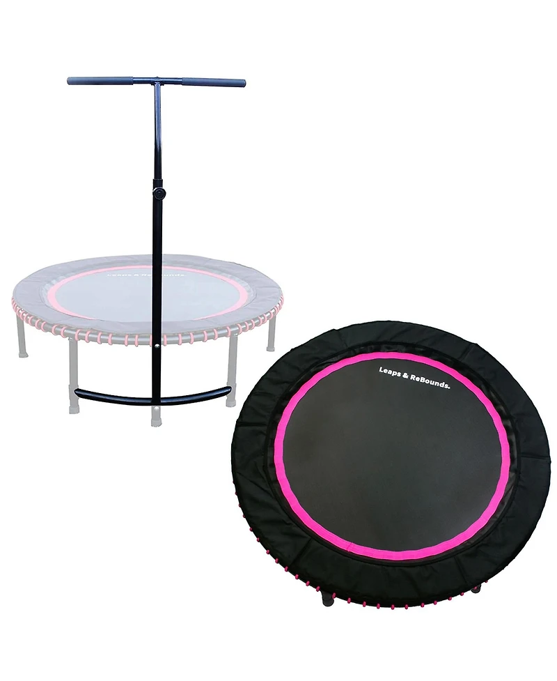 Leaps & Rebounds 40" Adjustable Stability Bar Attachment with 40" Mini Fitness Trampoline and Home Gym Rebounder for Cardio Exercises, Pink