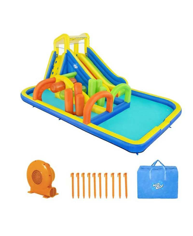 Bestway H2OGO! AquaRace Kids Inflatable Outdoor Water Park with Dual Slides, Built-In Sprayer, Splash Pool, Storage Bag, & Air Blower for Quick Setup