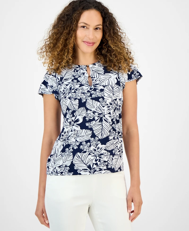 Jones New York Petite Botanical-Print Keyhole Top