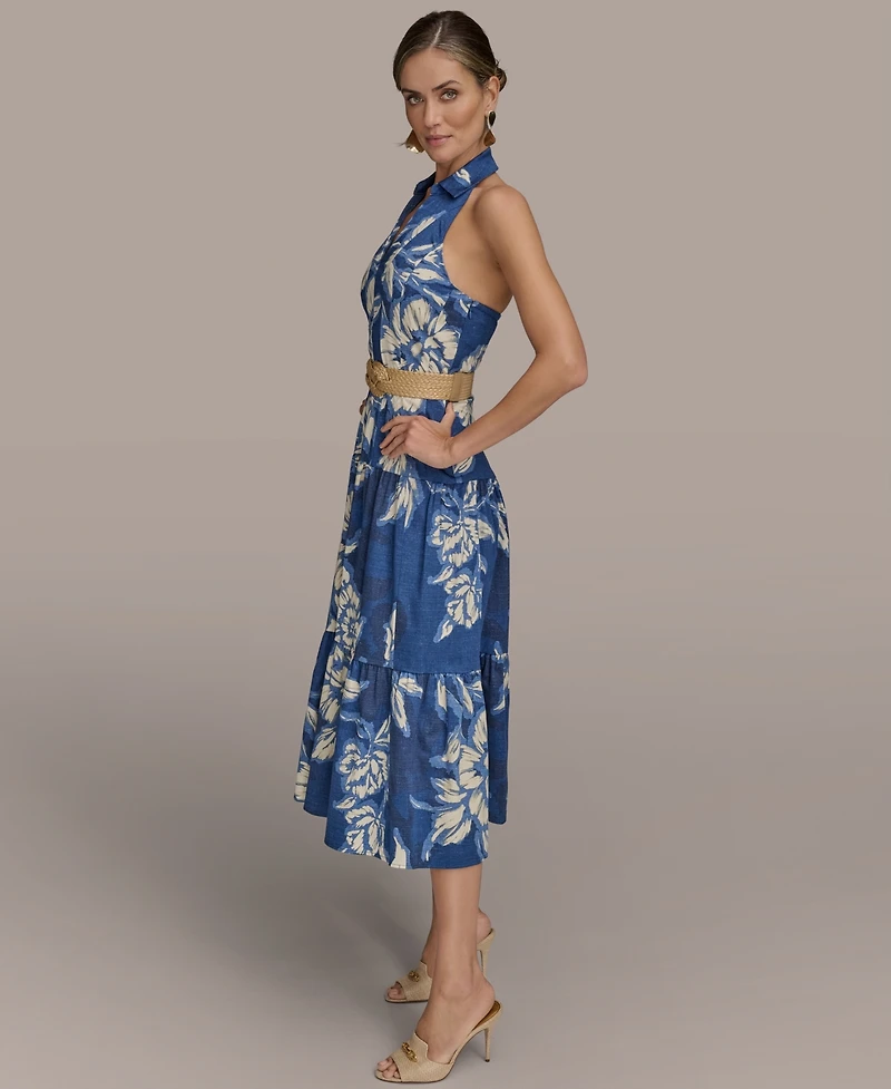 Donna Karan New York Women's Halter Belted Floral Print Midi Dress