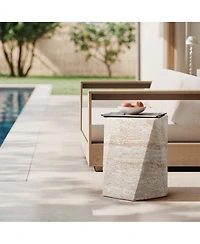 LuxenHome Outdoor Accent Side Table, 18'' Travertine-Style Irregular Textured Cement Patio End Table