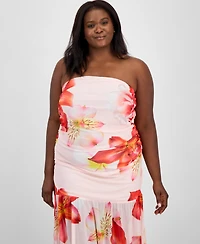 Madden Girl Trendy Plus Size Tropical Floral Strapless Asymmetric Dress
