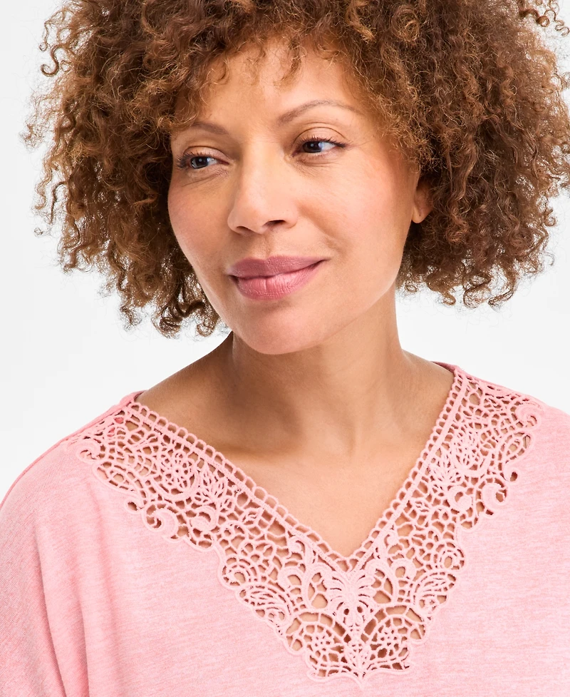Style & Co Women's Lace-Trim V-Neck Short-Sleeve T-Shirt, Exclusively at Macy's