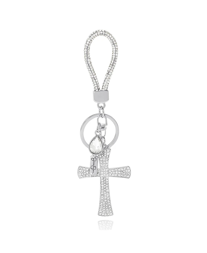 Jessica Simpson Rhinestone Cross Keychain – Elegant Silver-Tone Charm