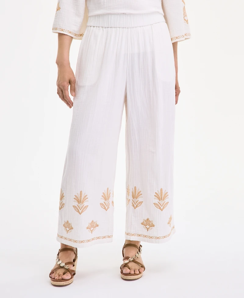 Style & Co Women's Embroidered Cotton Gauze Cropped Pants, Exclusively at Macy's